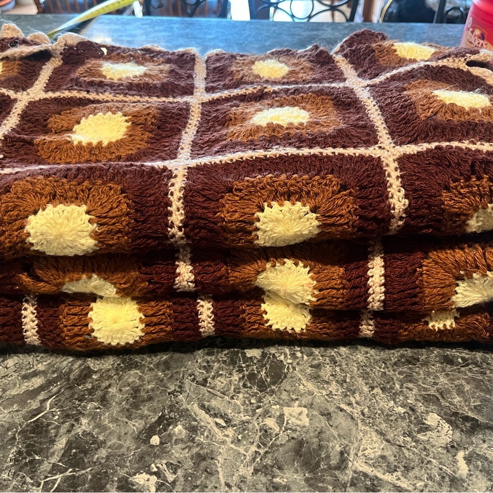 Set of 3 Vintage Brown Granny Square Crochet Quilt Blanket Throw Handmade 1980’s